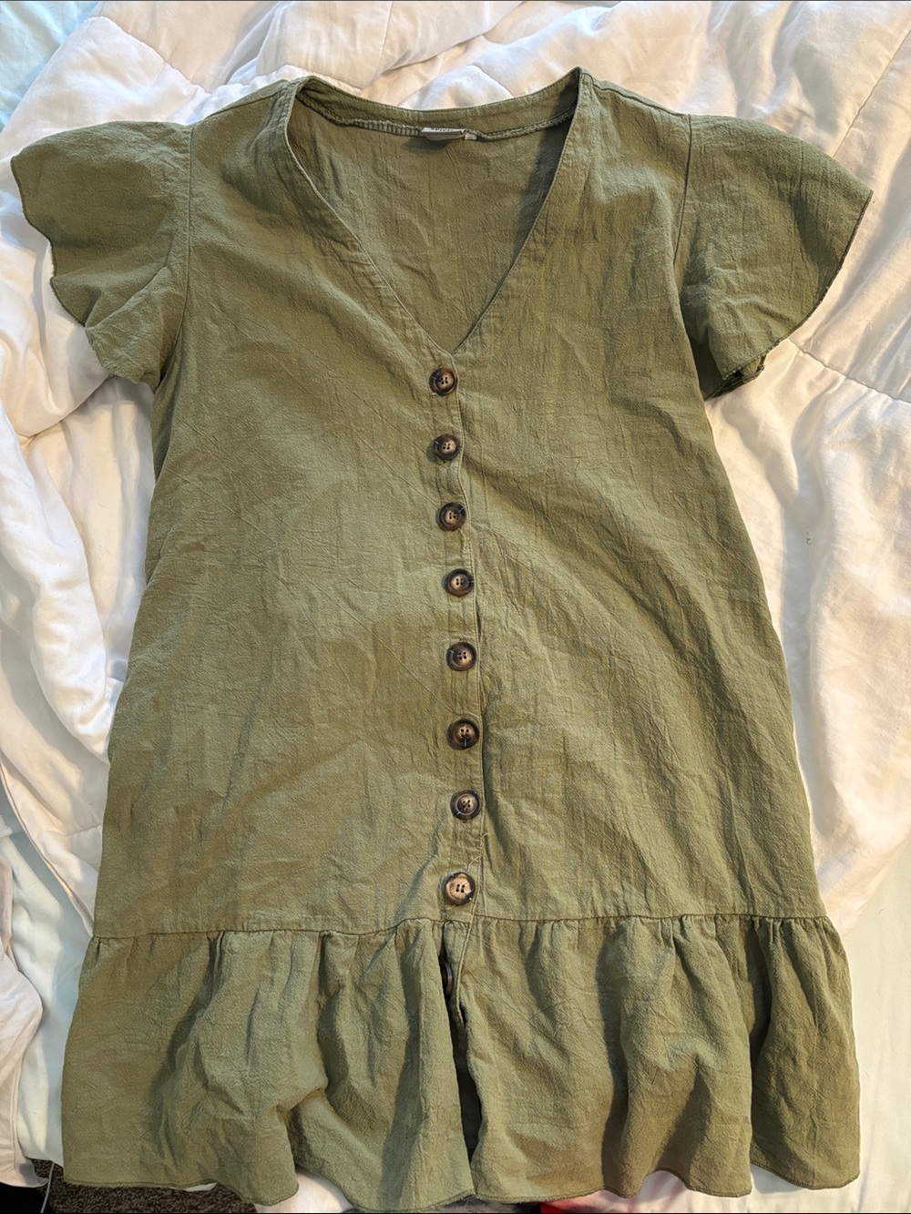 Olive Green Button-Front Ruffle Dress
